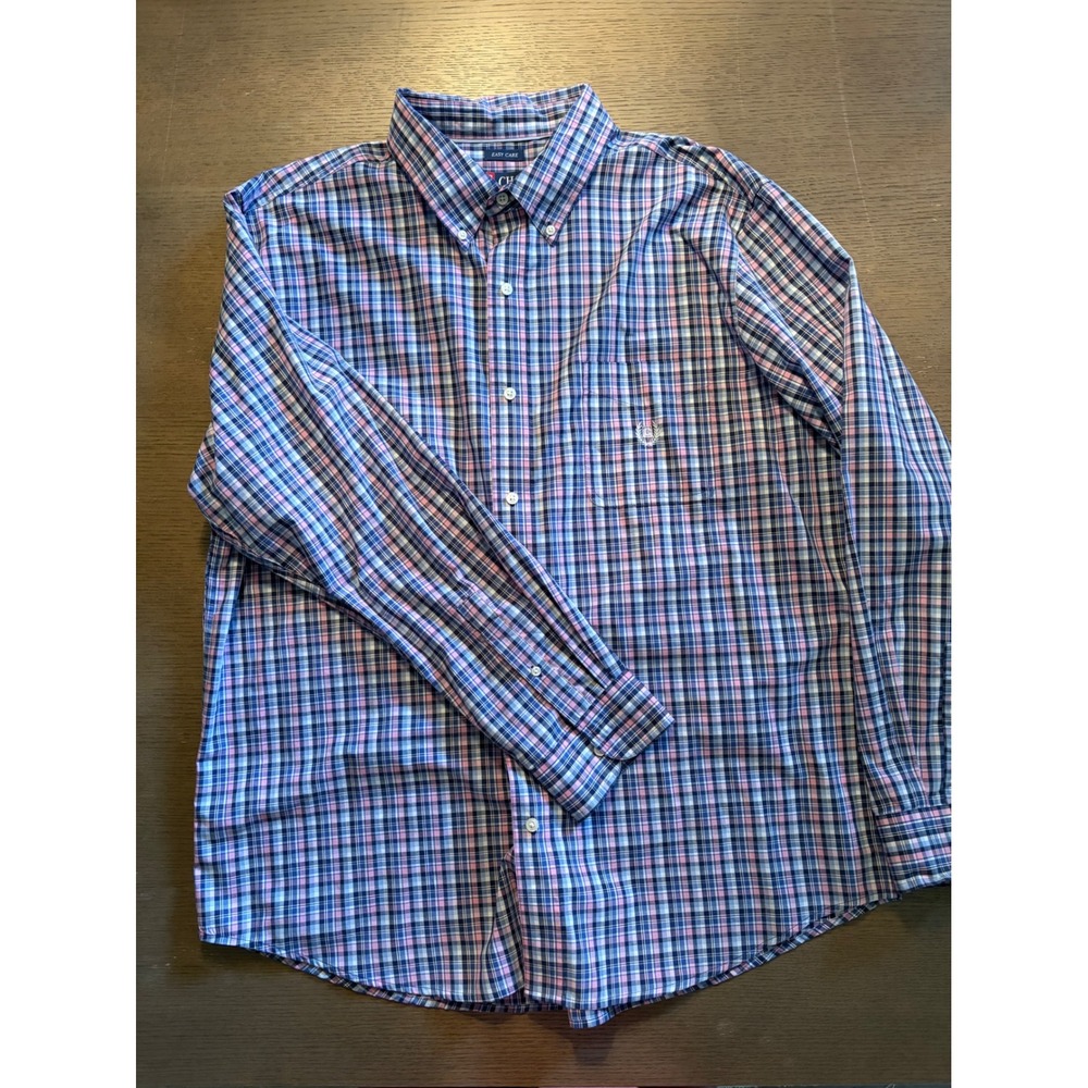 Chaps Mens XXL Easy Care Plaid Button Down Shirt Blue Pink White Long Sleeve